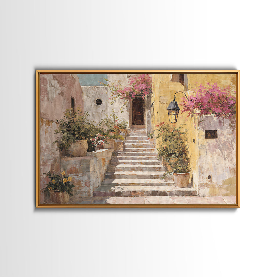 Sunlit Stone Stairway Framed Canvas Print, Italian Villa Art, Bedroom Wall Art, Living Room Decor, Villa, Travel Poster, IVA-3x2-87