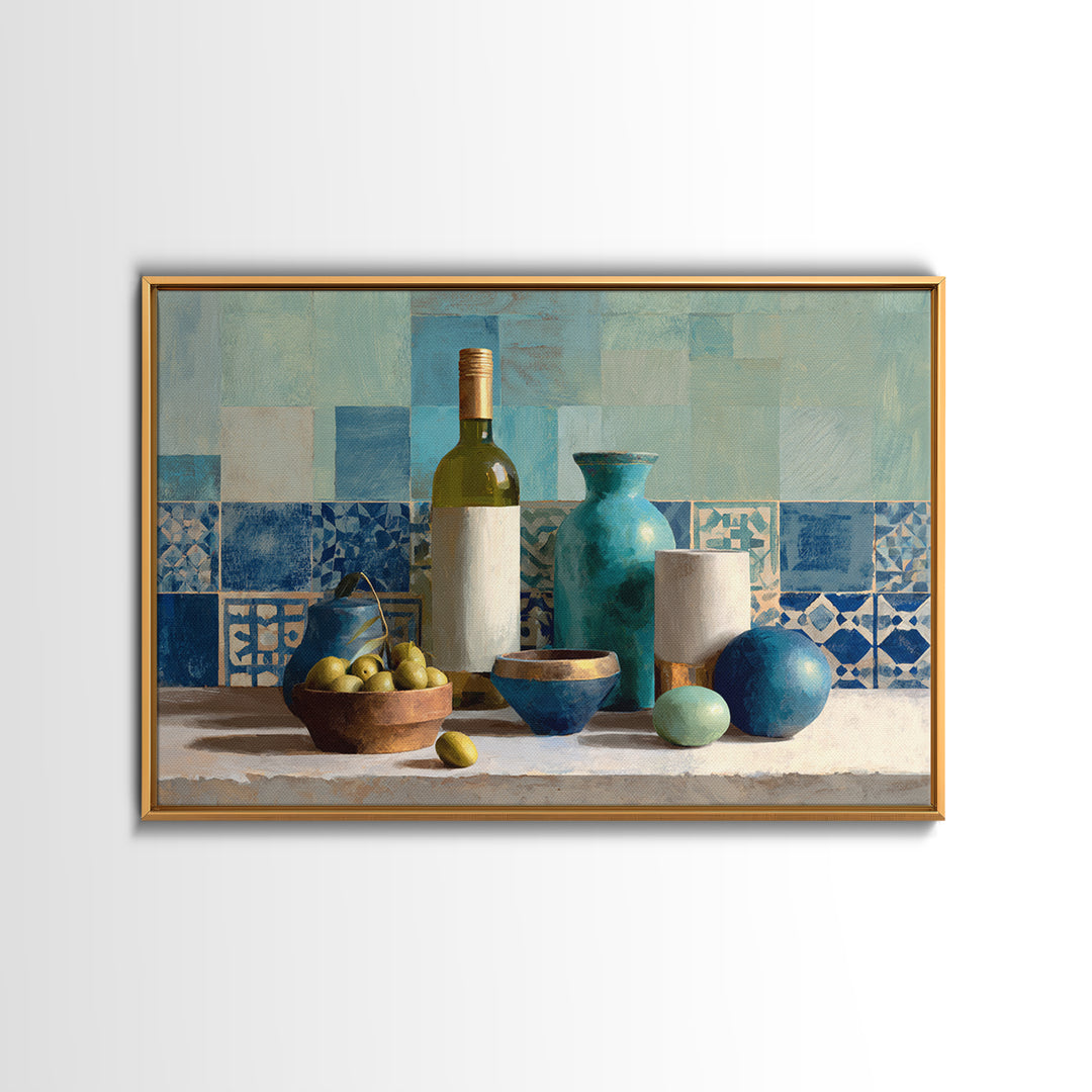 White Wine and Olives Still Life Framed Canvas Print, Italian Villa Art, Colorful Wall Art, Living Room Decor, Fine Art, Villa, IVA-3x2-92