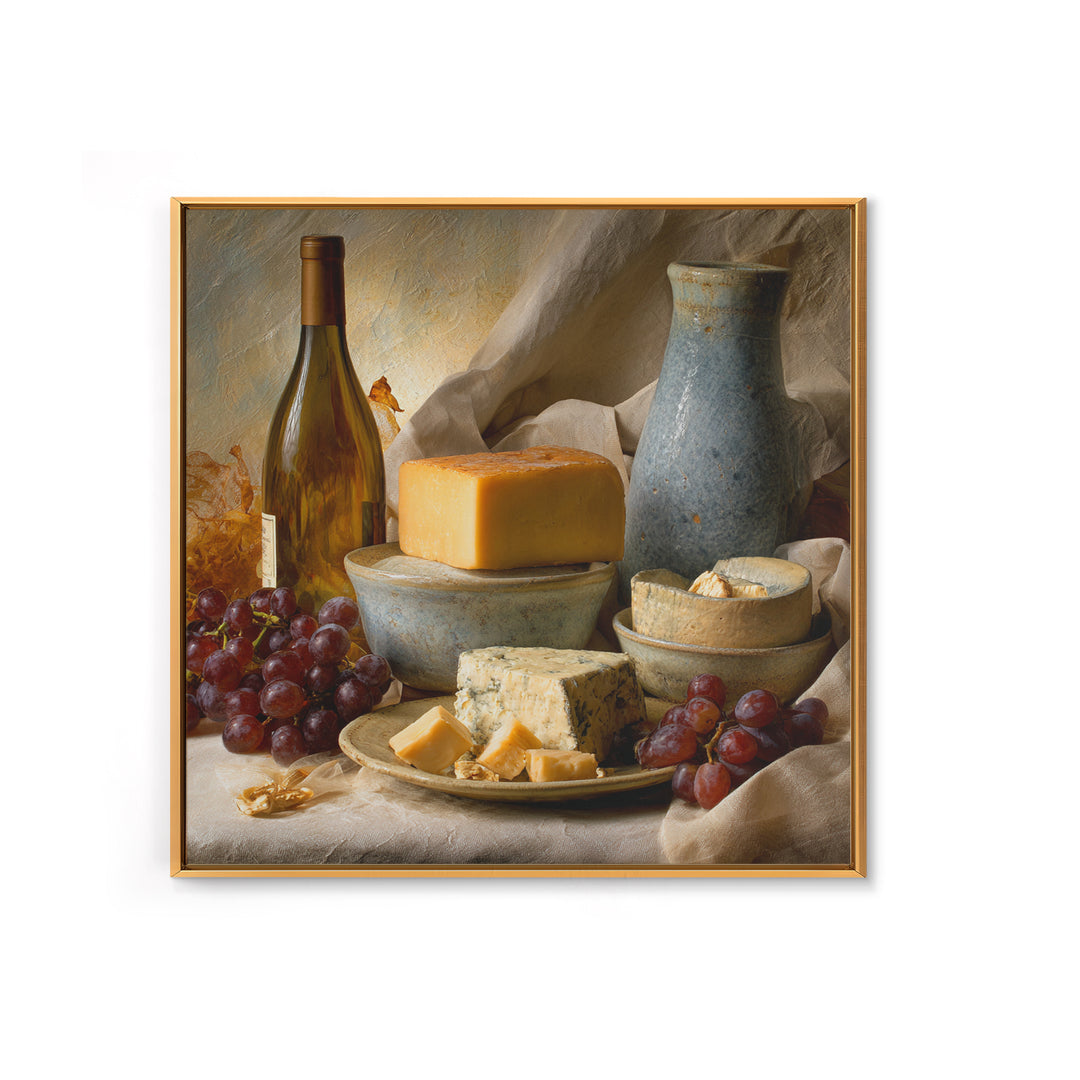Wine Bottle Grapes and Cheese Still Life Framed Canvas Print, Kitchen Art, Kitchen, Kitchen Decor, Fine Art, Kitchen, KIT-1x1-12