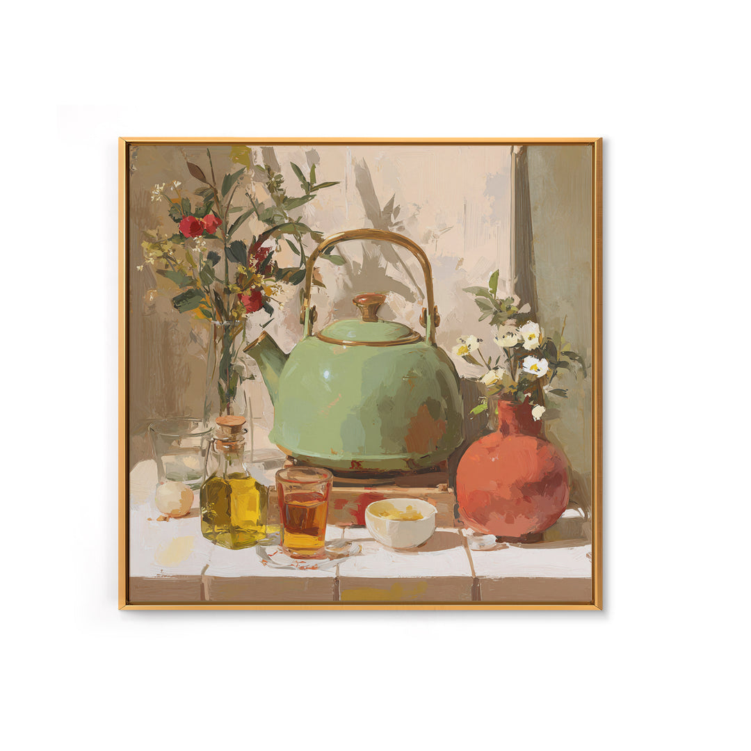 Tea Kettle with Steam and Wildflowers Canvas Print, Kitchen Art, Coffee Art, Kitchen Decor, Fine Art, Kitchen, Fine Art Print, KIT-1x1-14