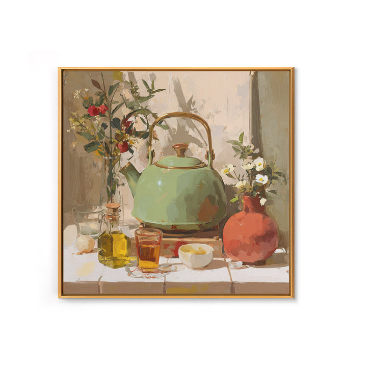 Tea Kettle with Steam and Wildflowers Canvas Print, Kitchen Art, Coffee Art, Kitchen Decor, Fine Art, Kitchen, Fine Art Print, KIT-1x1-14