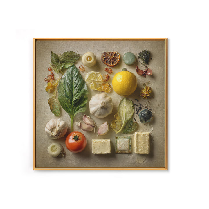 Tomatoes Garlic and Basil on Linen Canvas Print, Kitchen Art, Digital Wall Art, Kitchen Decor, Kitchen, Kitchen Prints, KIT-1x1-3