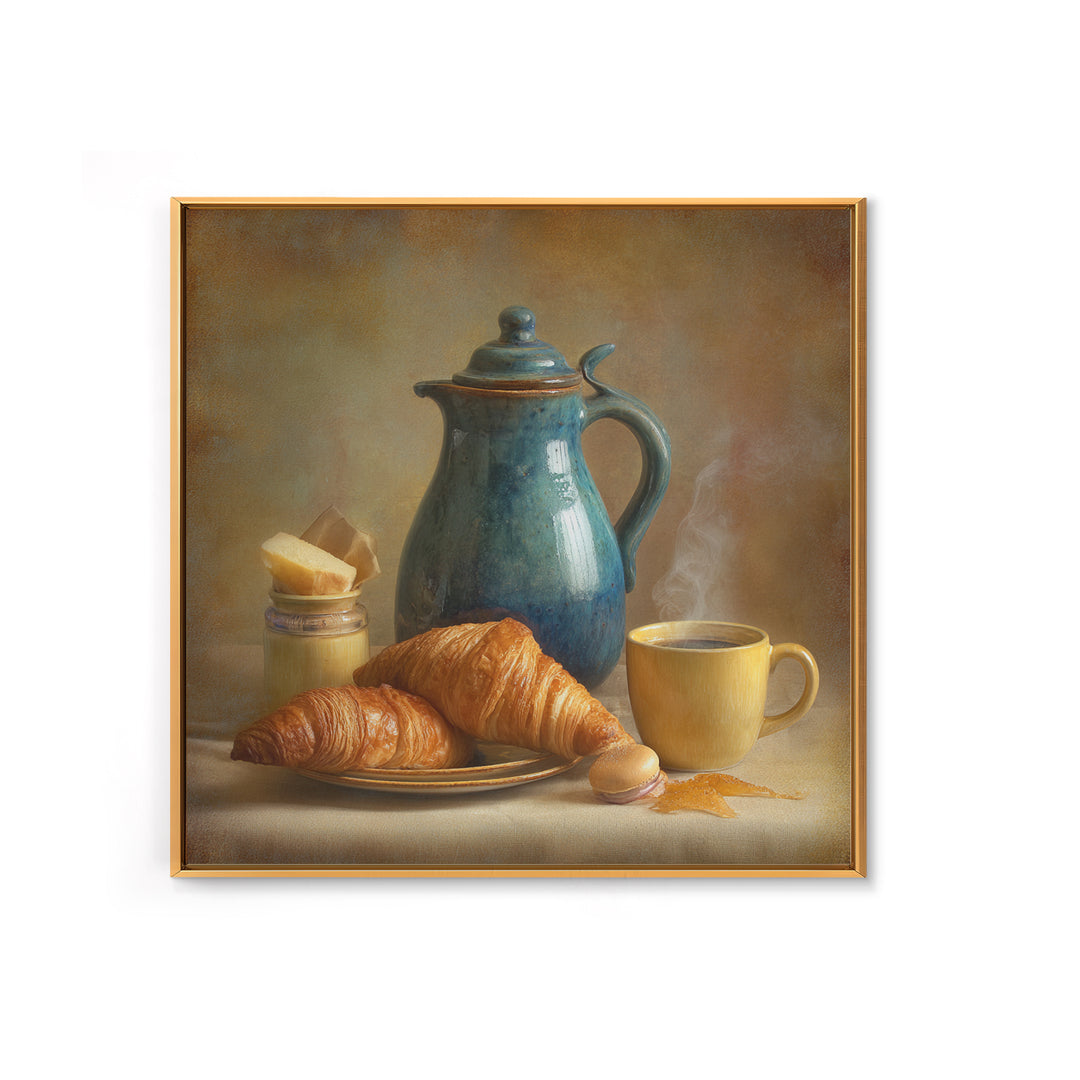 Coffee Pot and Croissant Morning Still Life Canvas Print, Kitchen Art, Kitchen Decor, Fine Art, Kitchen, Kitchen Art Print, KIT-1x1-31