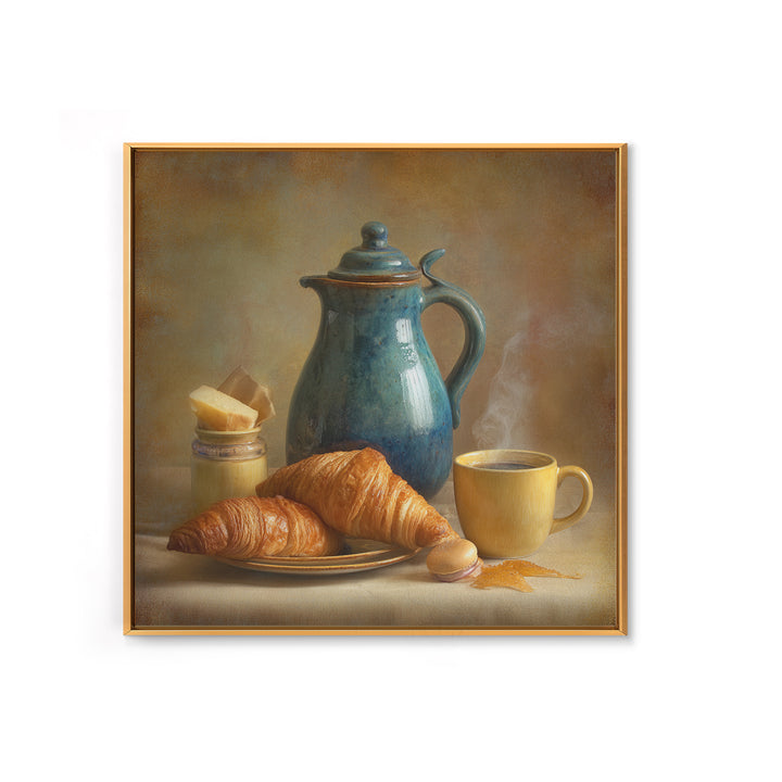 Coffee Pot and Croissant Morning Still Life Canvas Print, Kitchen Art, Kitchen Decor, Fine Art, Kitchen, Kitchen Art Print, KIT-1x1-31