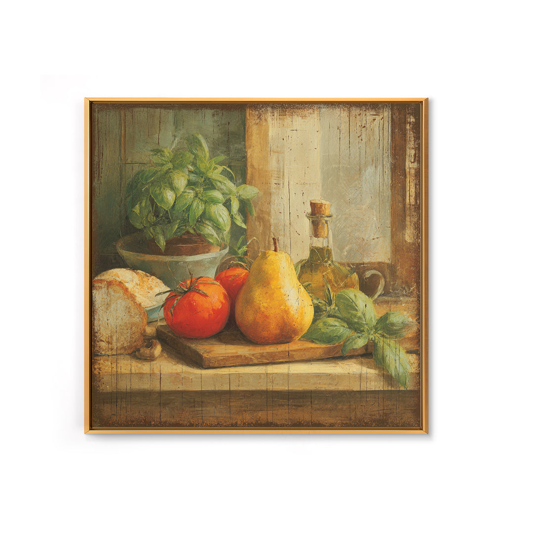 Farmhouse Pears on a Wooden Board Framed Canvas Print, Kitchen Art, Statement Artwork, Kitchen Decor, Abstract Art, Kitchen, KIT-1x1-33