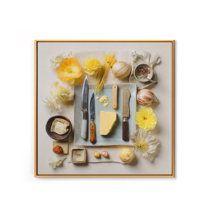 Chef Knives and Herbs Arranged as Graphic Framed Canvas Print, Kitchen Art, Kitchen Print, Kitchen Decor, Watercolor Art, KIT-1x1-34