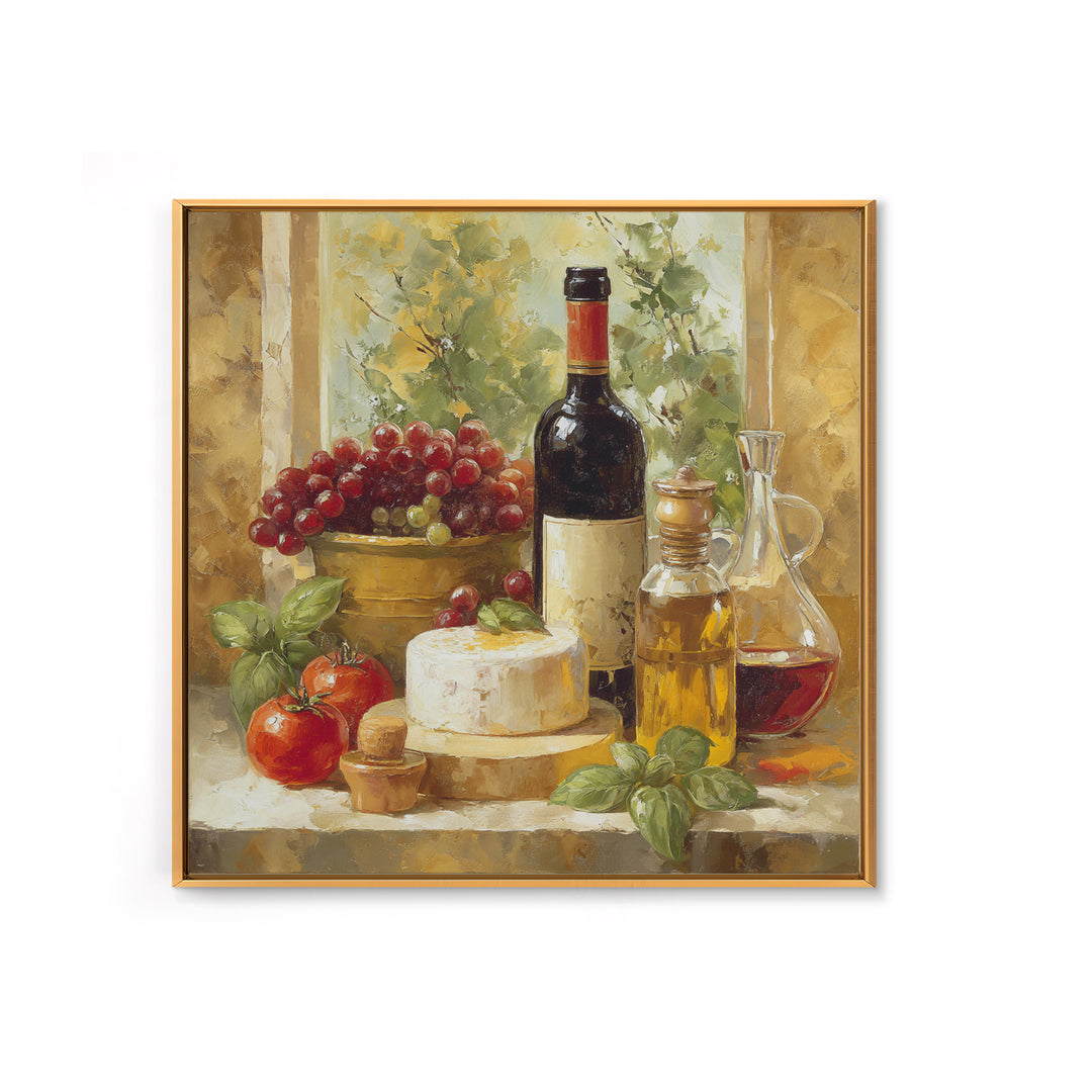 Wine Bottle Grapes and Cheese Still Life Canvas Print, Kitchen Art, Printable Wall Art, Kitchen Decor, Watercolor Art, Kitchen, KIT-1x1-36