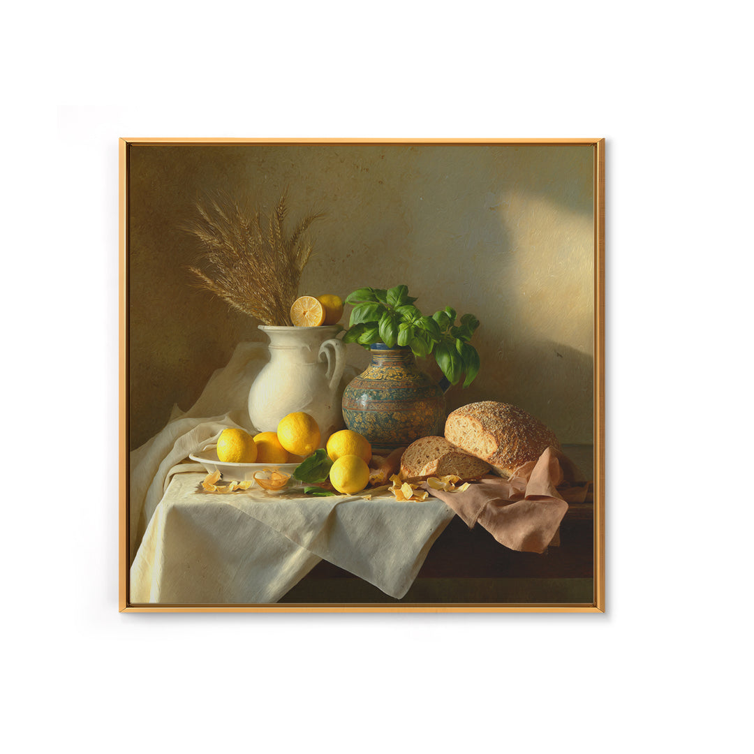 Pasta Lemons and Basil Mediterranean Still Life Framed Canvas Print, Kitchen Art, Gallery Decor, Kitchen Decor, Kitchen, KIT-1x1-41