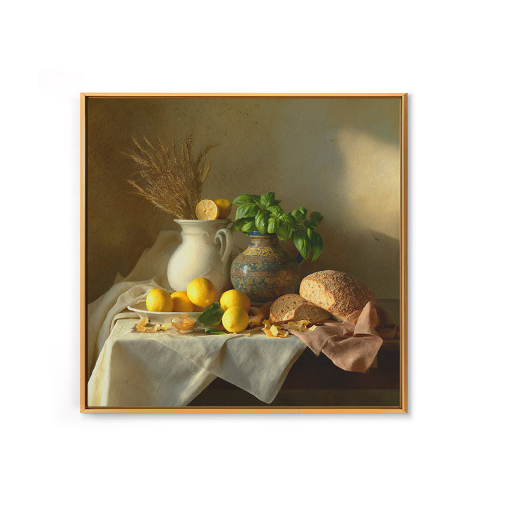 Pasta Lemons and Basil Mediterranean Still Life Framed Canvas Print, Kitchen Art, Gallery Decor, Kitchen Decor, Kitchen, KIT-1x1-41