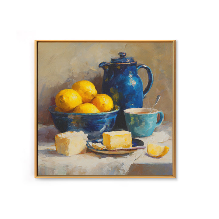 Lemons and Blue Ceramic Bowl Still Life Canvas Print, Kitchen Art, Trendy Wall Art, Kitchen Decor, Fine Art, Kitchen, KIT-1x1-50