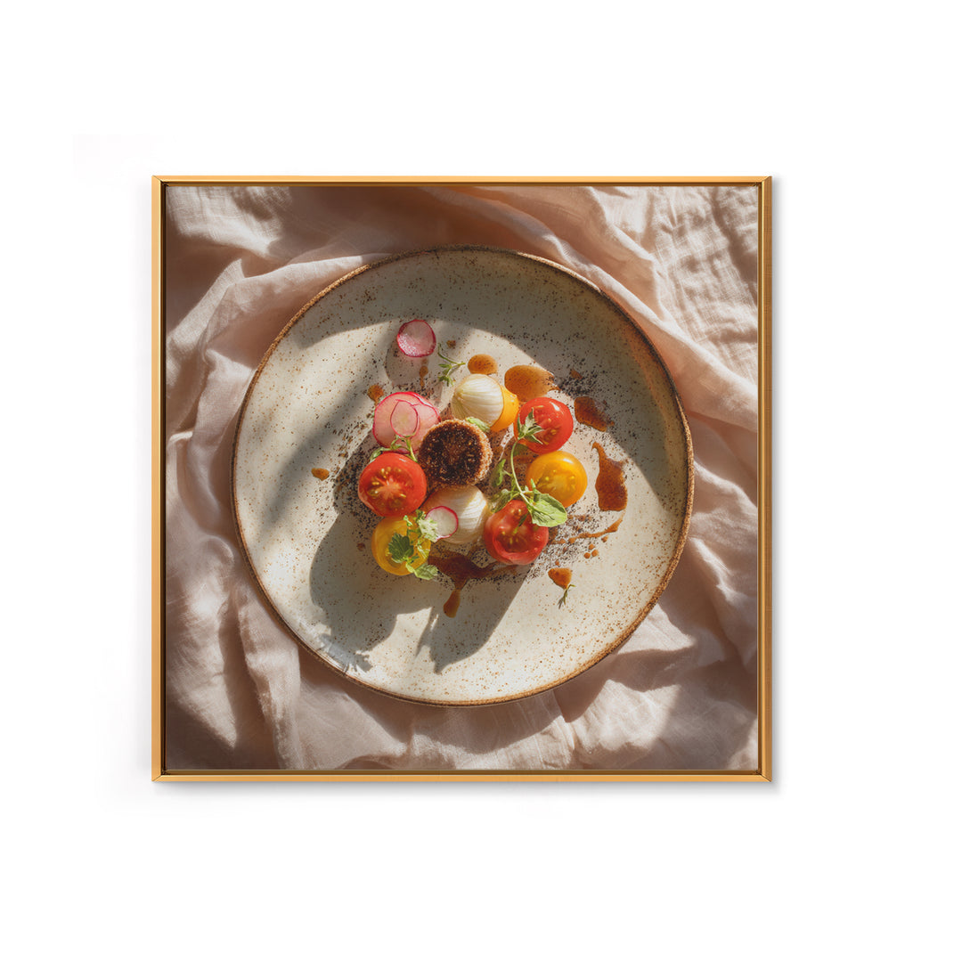 Tomatoes Garlic and Basil on Linen Framed Canvas Print, Kitchen Art, Coffee Wall Art, Kitchen Decor, Abstract Art, Kitchen, KIT-1x1-51