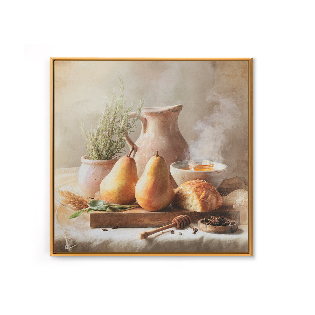 Farmhouse Pears on a Wooden Board Framed Canvas Print, Kitchen Art, Statement Artwork, Kitchen Decor, Abstract Art, Kitchen, KIT-1x1-57