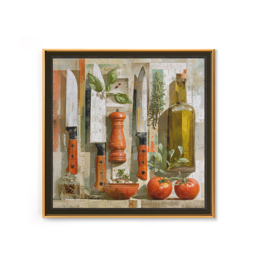 Chef Knives and Herbs Arranged as Graphic Framed Canvas Print, Kitchen Art, Kitchen Print, Kitchen Decor, Watercolor Art, KIT-1x1-58