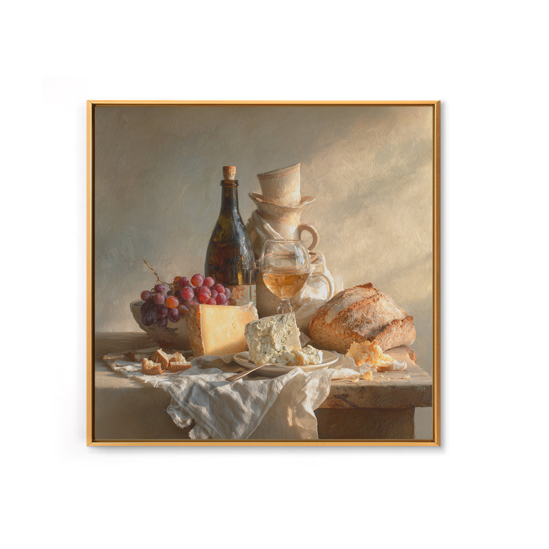 Wine Bottle Grapes and Cheese Still Life Canvas Print, Kitchen Art, Minimalist Wall Art, Kitchen Decor, Fine Art, Kitchen, KIT-1x1-60