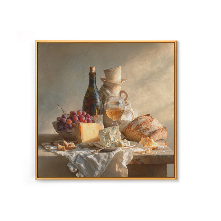 Wine Bottle Grapes and Cheese Still Life Canvas Print, Kitchen Art, Minimalist Wall Art, Kitchen Decor, Fine Art, Kitchen, KIT-1x1-60