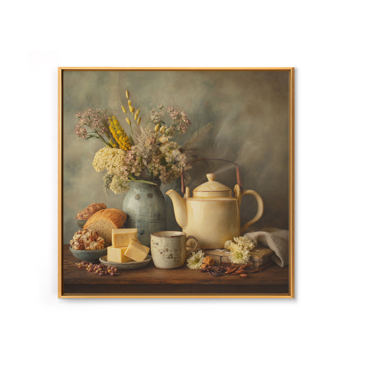 Tea Kettle with Steam and Wildflowers Framed Canvas Print, Kitchen Art, Coffee Wall Art, Kitchen Decor, Fine Art, Kitchen, KIT-1x1-62