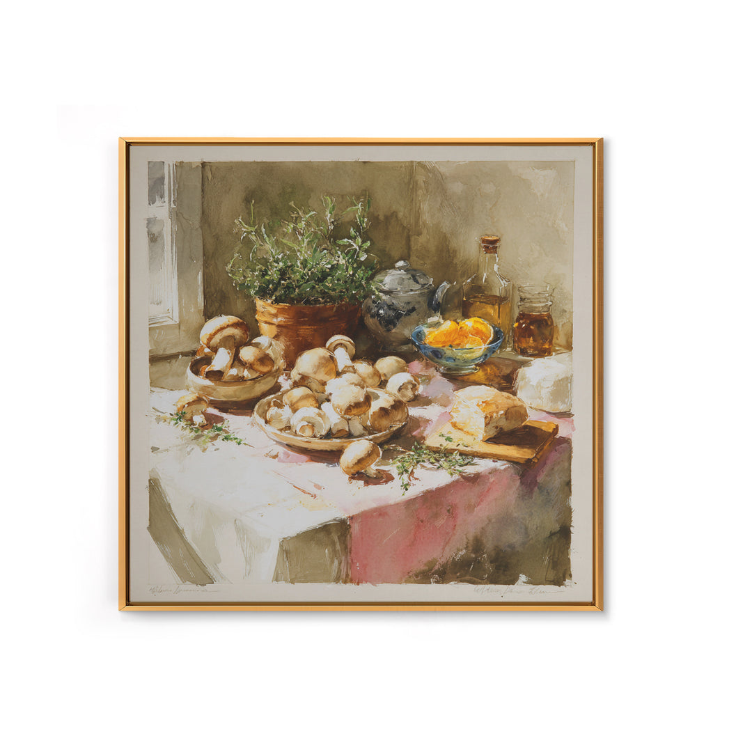 Mushrooms and Thyme Botanical Study Framed Canvas Print, Kitchen Art, Bar Cart Decor, Kitchen Decor, Oil Painting, Kitchen, KIT-1x1-63