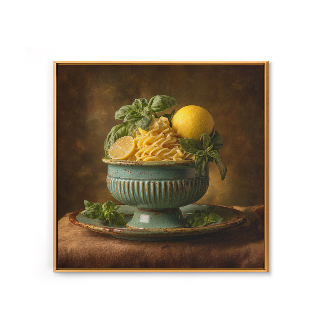 Pasta Lemons and Basil Mediterranean Still Life Framed Canvas Print, Kitchen Art, Gallery Decor, Kitchen Decor, Kitchen, KIT-1x1-65