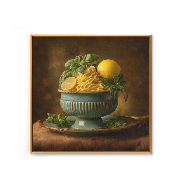 Pasta Lemons and Basil Mediterranean Still Life Framed Canvas Print, Kitchen Art, Gallery Decor, Kitchen Decor, Kitchen, KIT-1x1-65