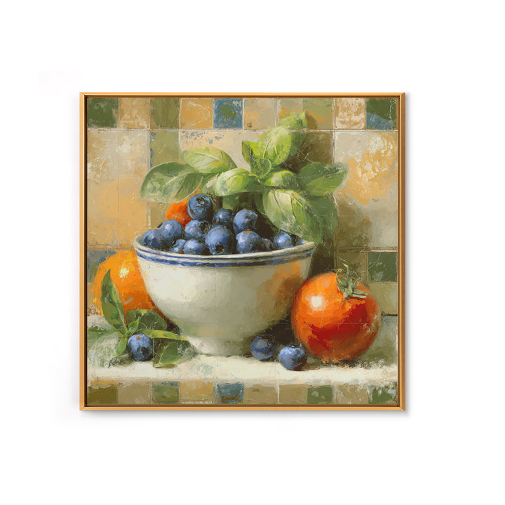 Blueberries in a White Bowl Framed Canvas Print, Kitchen Art, Gallery Decor, Kitchen Decor, Fine Art, Kitchen, Contemporary Art, KIT-1x1-67
