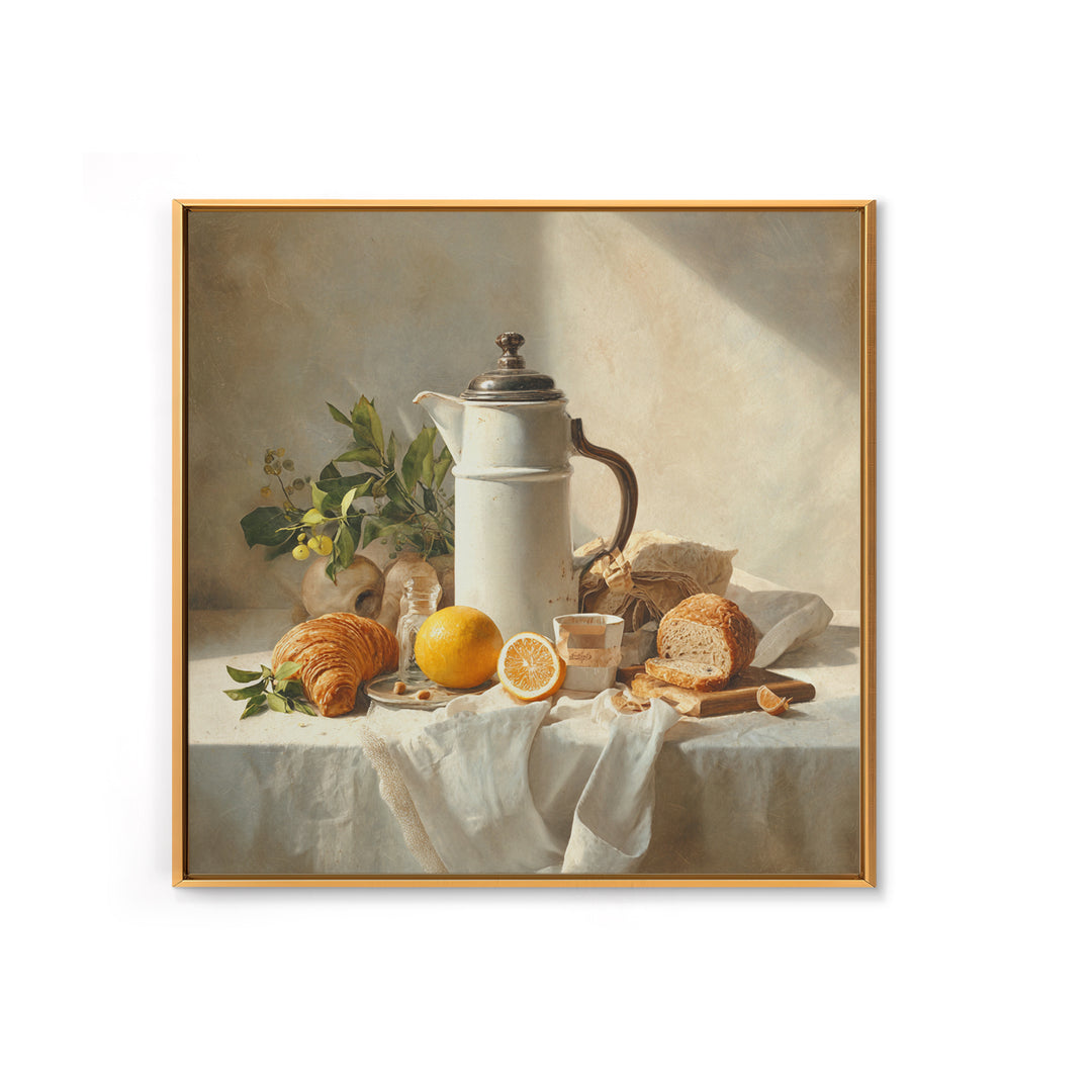 Coffee Pot and Croissant Morning Still Life Framed Canvas Print, Kitchen Art, Art Deco, Kitchen Decor, Fine Art, Kitchen, KIT-1x1-7