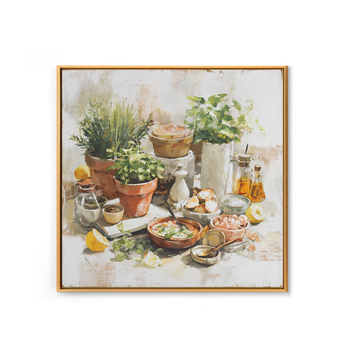 Fresh Herbs in Terracotta Pots Framed Canvas Print, Kitchen Art, Art Print, Kitchen Decor, Watercolor Art, Kitchen, Art Prints, KIT-1x1-73