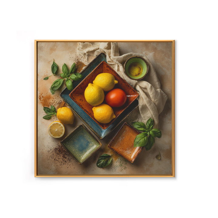 Lemons and Blue Ceramic Bowl Still Life Framed Canvas Print, Kitchen Art, Bar Cart Decor, Kitchen Decor, Fine Art, Kitchen, KIT-1x1-74