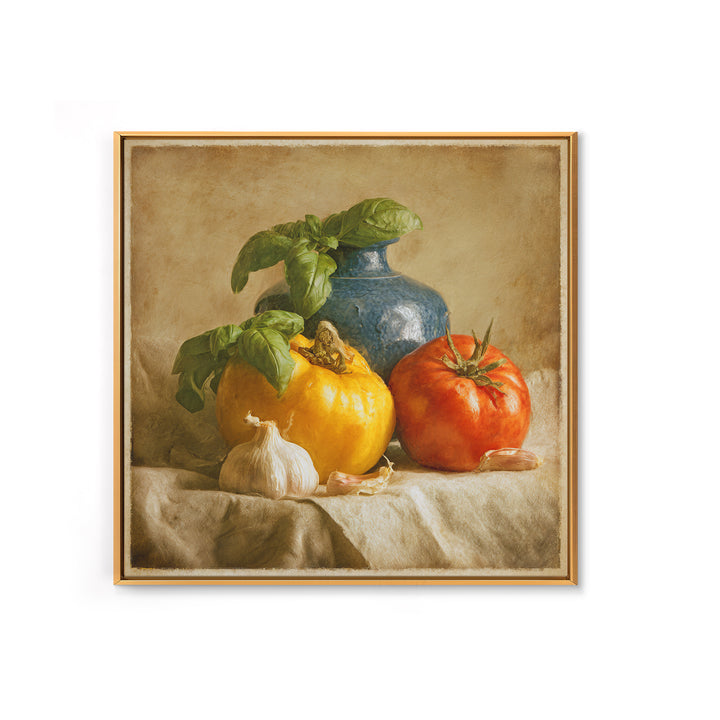 Tomatoes Garlic and Basil on Linen Canvas Print, Kitchen Art, Modern Decor, Kitchen Decor, Abstract Art, Kitchen, Home Decor, KIT-1x1-75