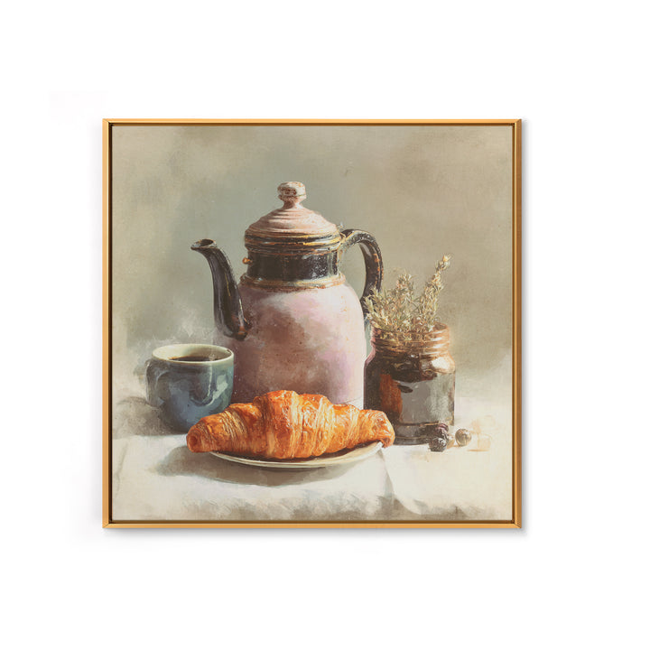 Coffee Pot and Croissant Morning Still Life Framed Canvas Print, Kitchen Art, Fine Art Print, Kitchen Decor, Oil Painting, KIT-1x1-79