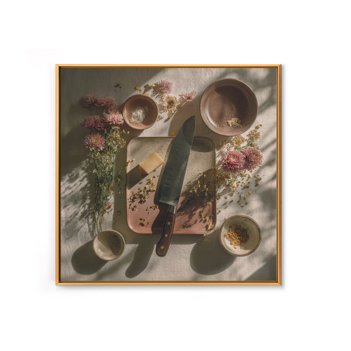 Chef Knives and Herbs Arranged as Graphic Canvas Print, Kitchen Art, Neutral Decor, Kitchen Decor, Oil Painting, Kitchen, KIT-1x1-82