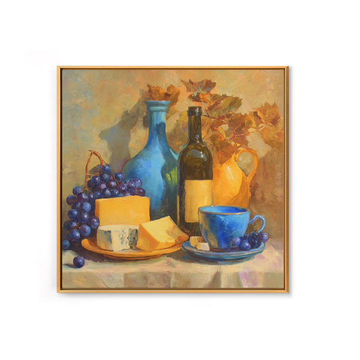 Wine Bottle Grapes and Cheese Still Life Framed Canvas Print, Kitchen Art, Kitchen Print, Kitchen Decor, Abstract Art, Kitchen, KIT-1x1-84