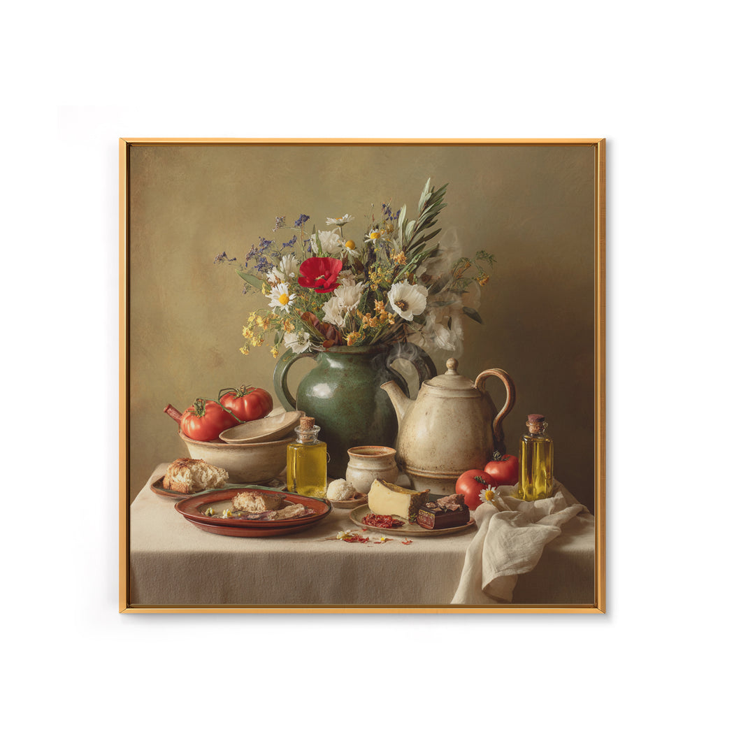 Tea Kettle with Steam and Wildflowers Canvas Print, Kitchen Art, Modern Decor, Kitchen Decor, Oil Painting, Kitchen, Home Decor, KIT-1x1-86