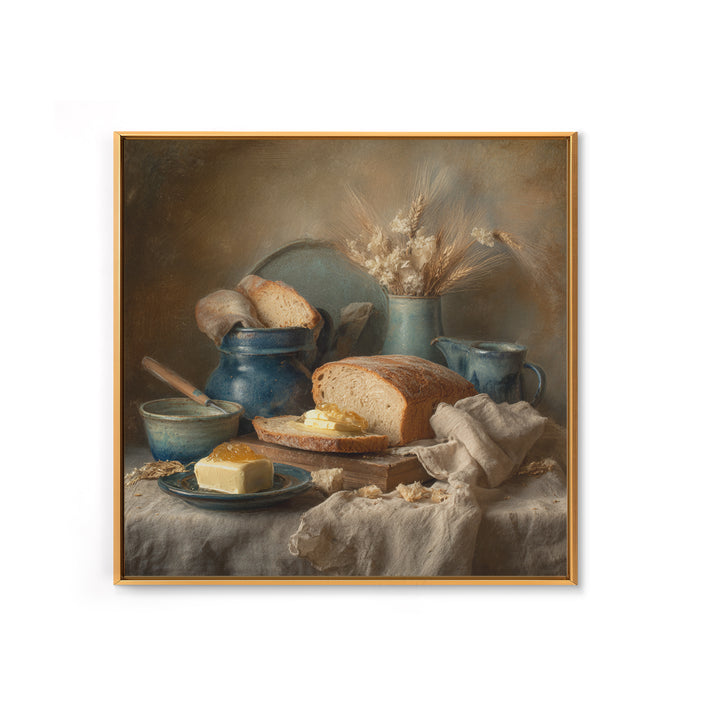 Fresh Bread with Butter and Honey Canvas Print, Kitchen Art, Coffee Print, Kitchen Decor, Fine Art, Kitchen, Textured Painting, KIT-1x1-90