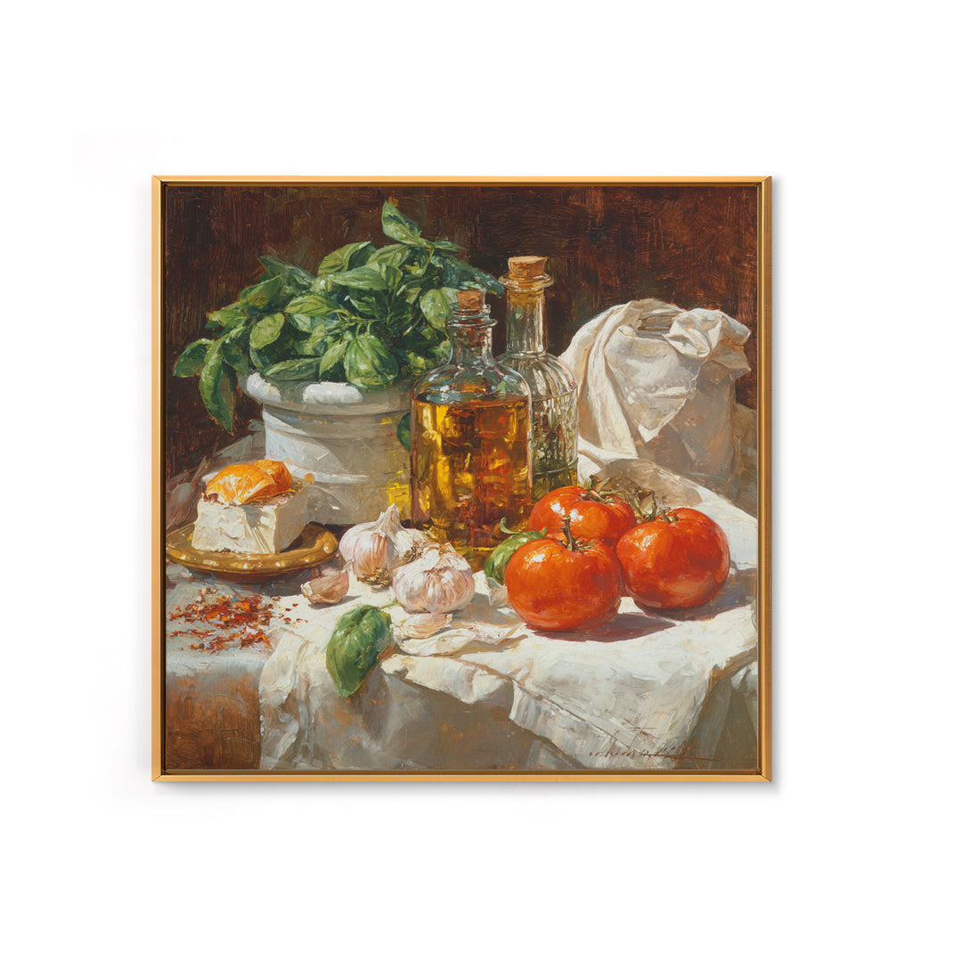 Tomatoes Garlic and Basil on Linen Canvas Print, Kitchen Art, Wall Art, Kitchen Decor, Fine Art, Kitchen, Kitchen Wall Art, KIT-1x1-99