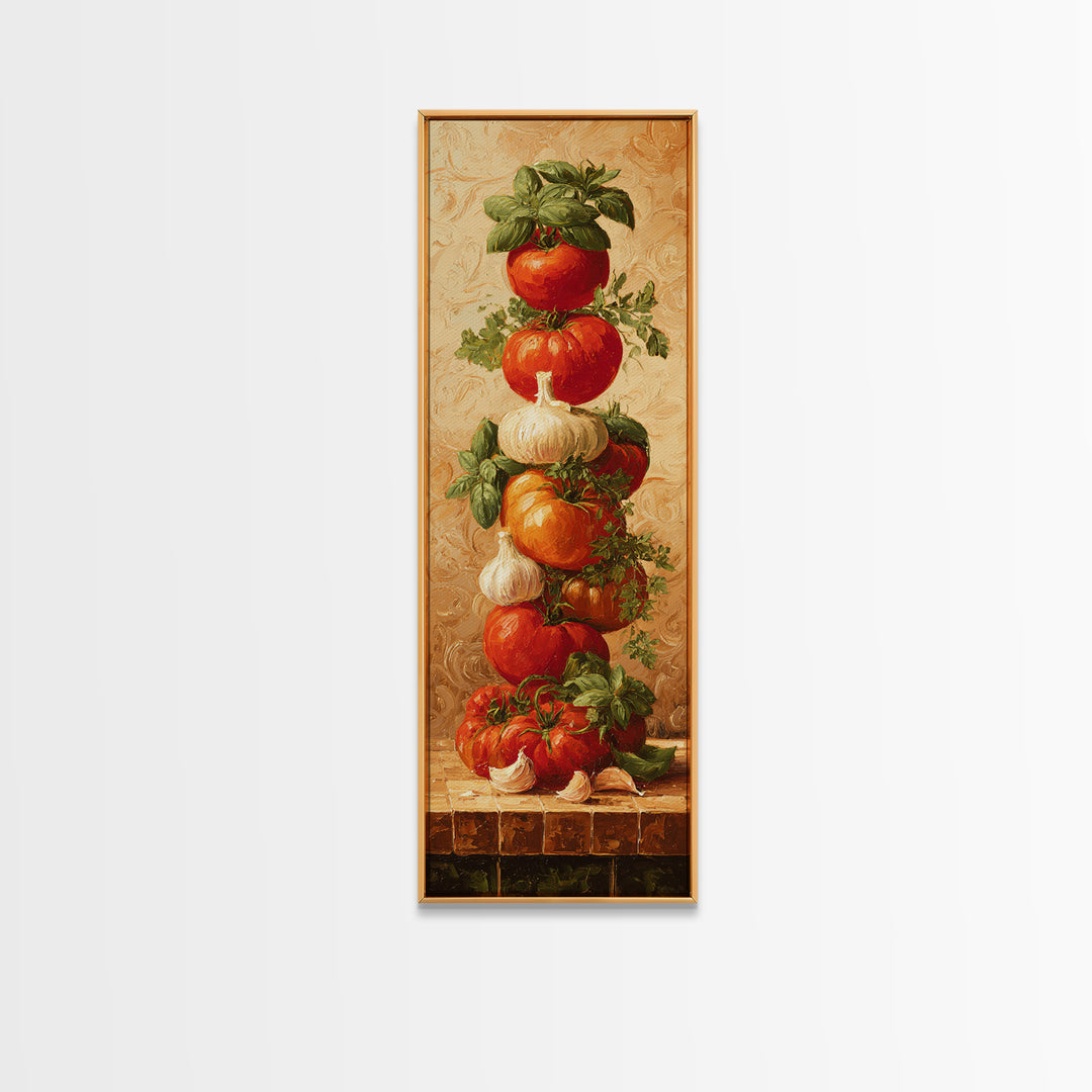 Tomatoes Garlic and Basil on Linen Framed Canvas Print, Kitchen Art, Home Decor, Kitchen Decor, Fine Art, Kitchen, KIT-1x3-15