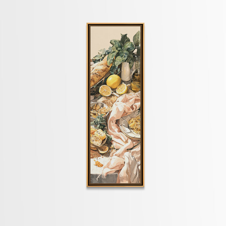 Pasta Lemons and Basil Mediterranean Still Life Framed Canvas Print, Kitchen Art, Modern Decor, Kitchen Decor, Kitchen, KIT-1x3-29
