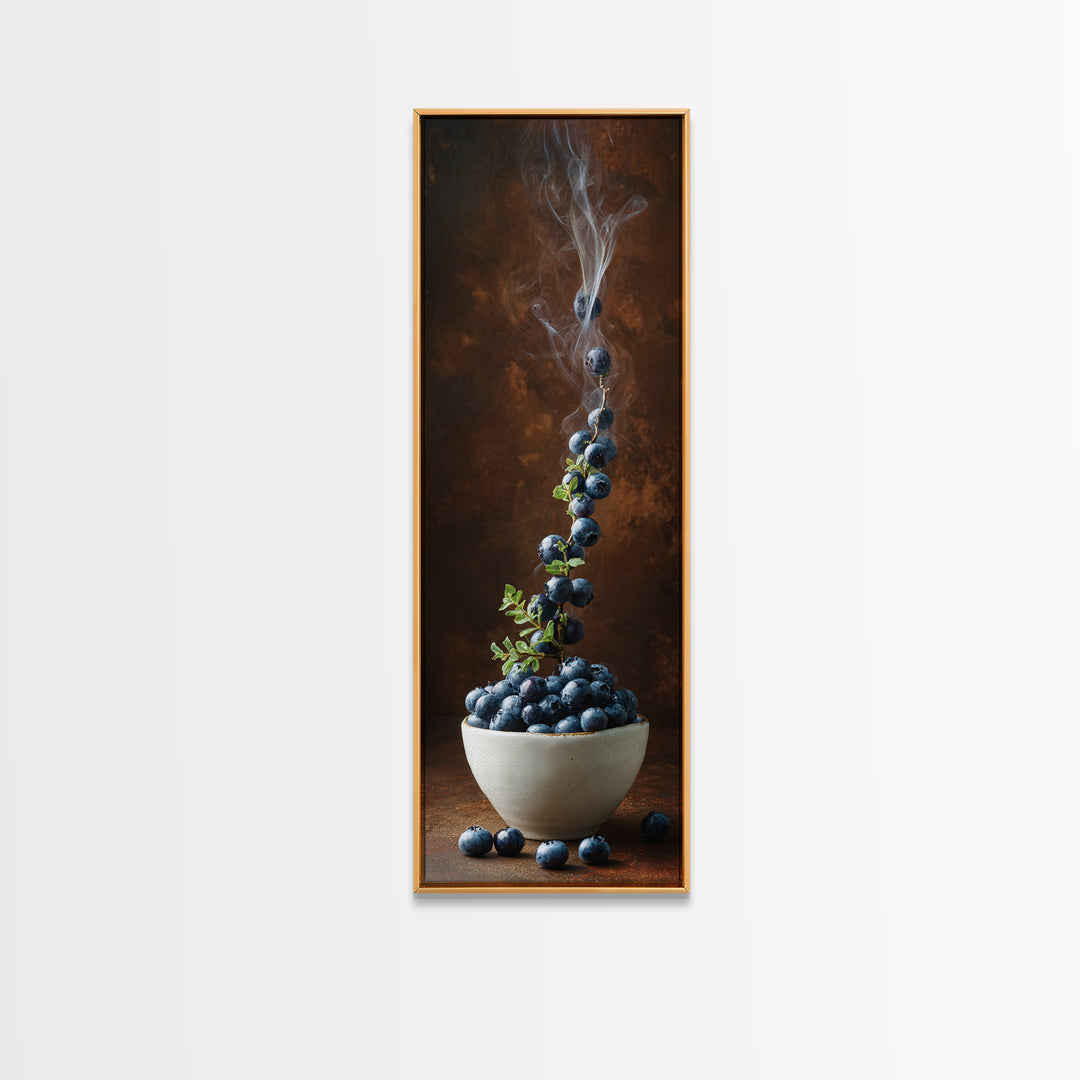 Blueberries in a White Bowl Framed Canvas Print, Kitchen Art, Prints, Kitchen Decor, Watercolor Art, Kitchen, KIT-1x3-31