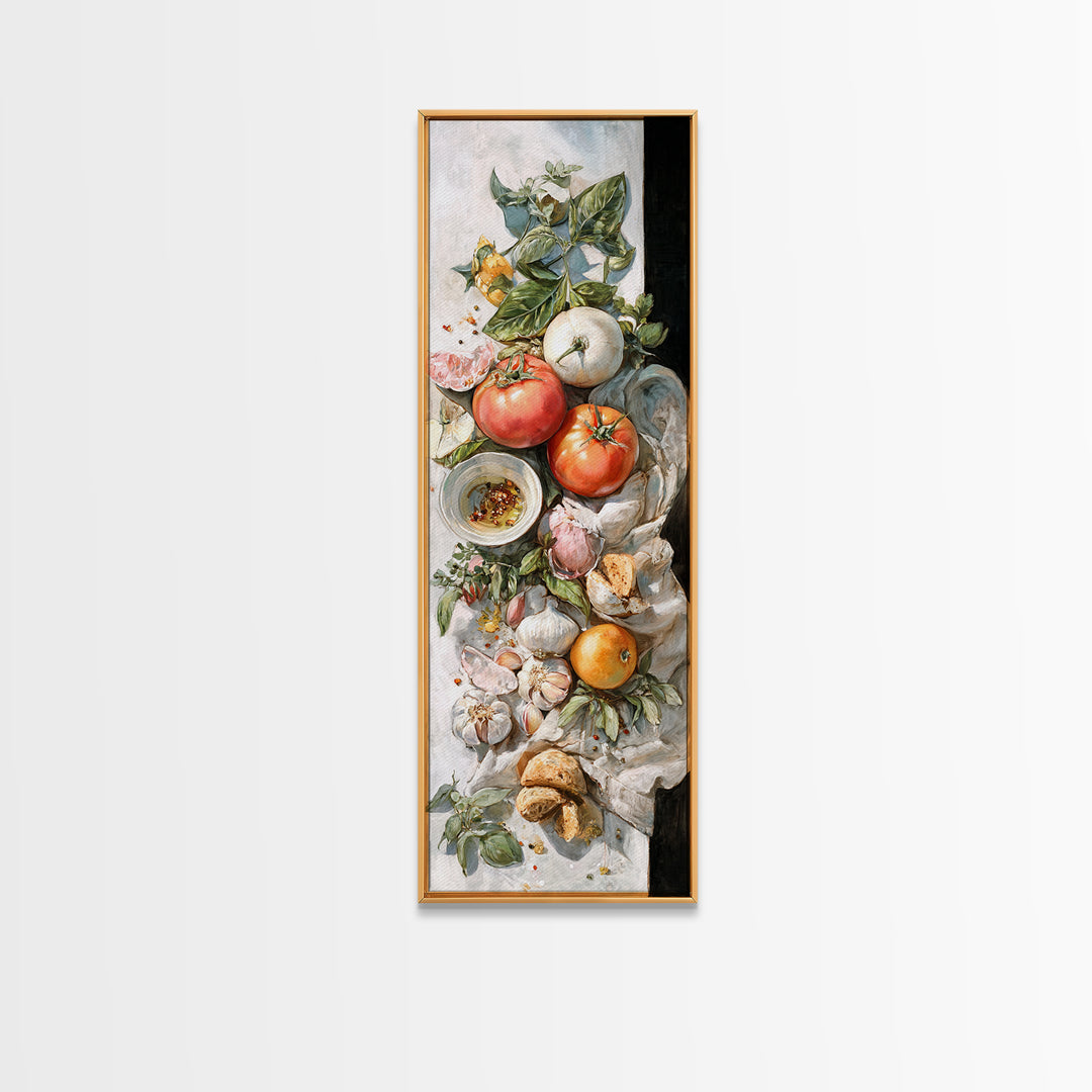 Tomatoes Garlic and Basil on Linen Canvas Print, Kitchen Art, Art Prints, Kitchen Decor, Fine Art, Kitchen, Modern Art, KIT-1x3-39