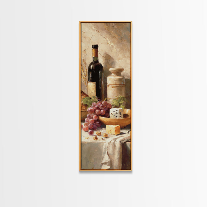 Wine Bottle Grapes and Cheese Still Life Canvas Print, Kitchen Art, Wall Art, Kitchen Decor, Watercolor Art, Kitchen, KIT-1x3-48