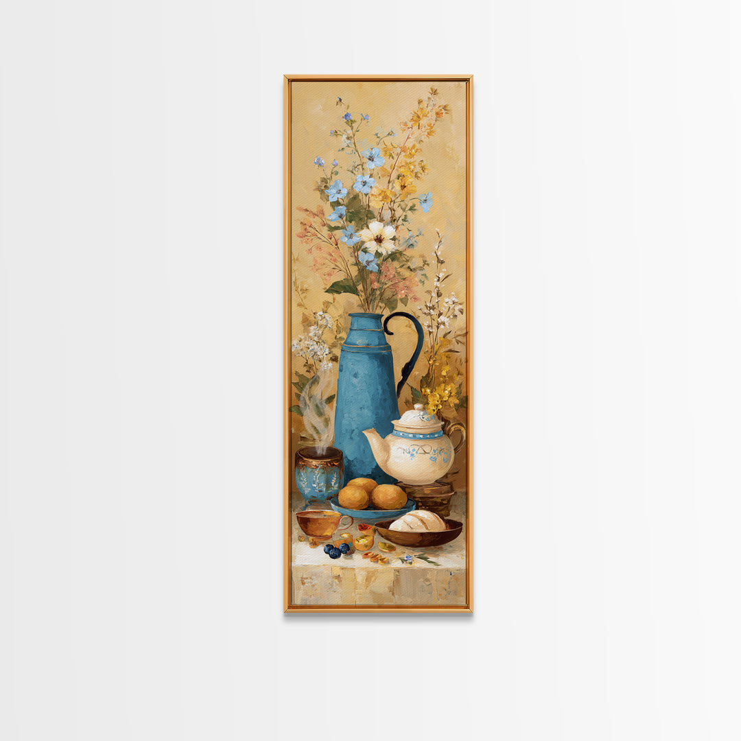 Tea Kettle with Steam and Wildflowers Framed Canvas Print, Kitchen Art, Kitchen Art Print, Kitchen Decor, Watercolor Art, KIT-1x3-50