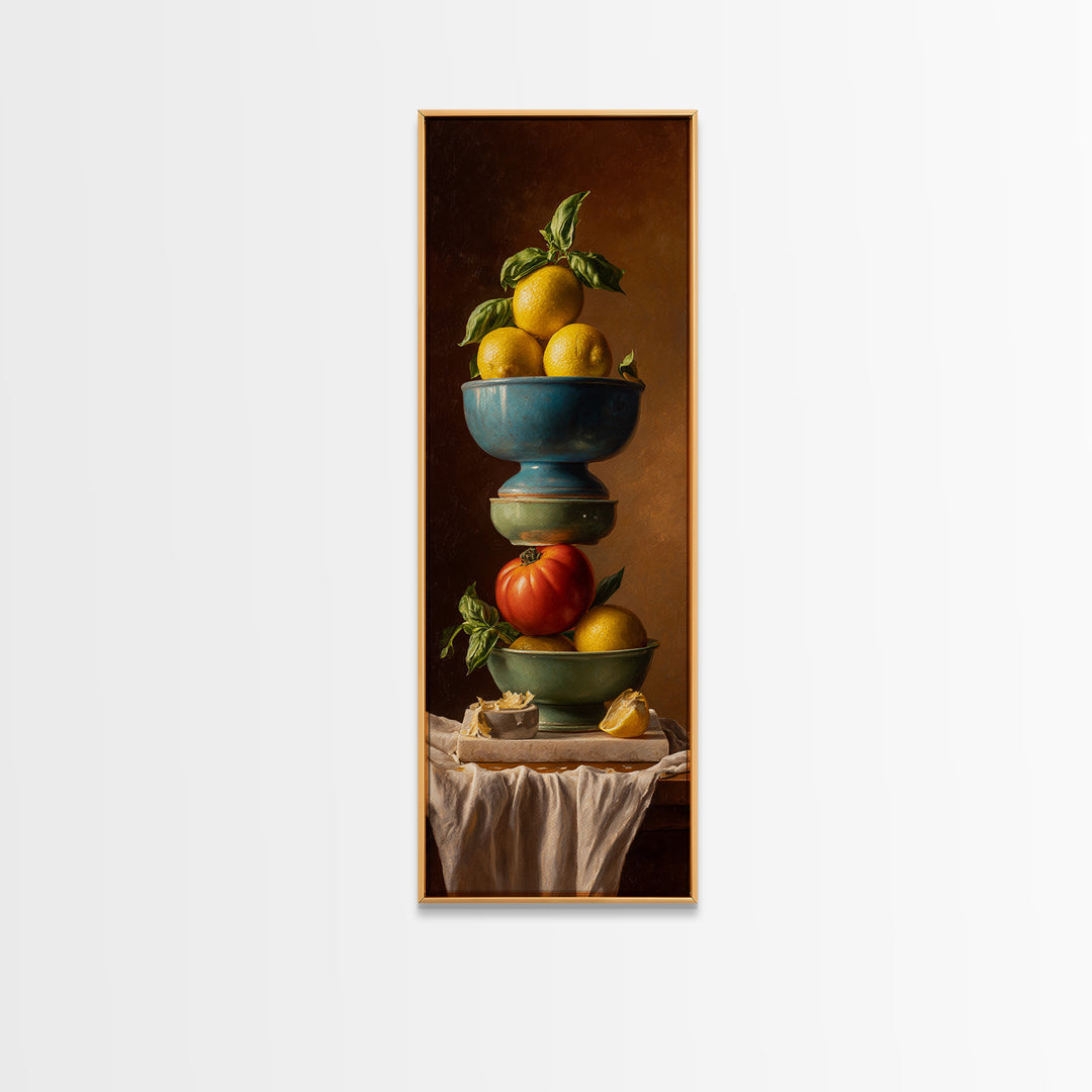 Lemons and Blue Ceramic Bowl Still Life Framed Canvas Print, Kitchen Art, Neutral Decor, Kitchen Decor, Fine Art, Kitchen, KIT-1x3-62