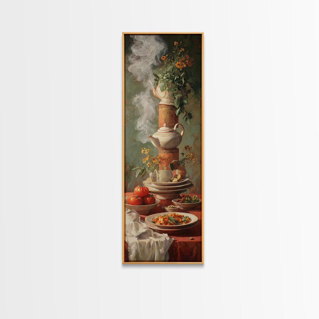 Tea Kettle with Steam and Wildflowers Framed Canvas Print, Kitchen Art, Kitchen Art Print, Kitchen Decor, Watercolor Art, KIT-1x3-74