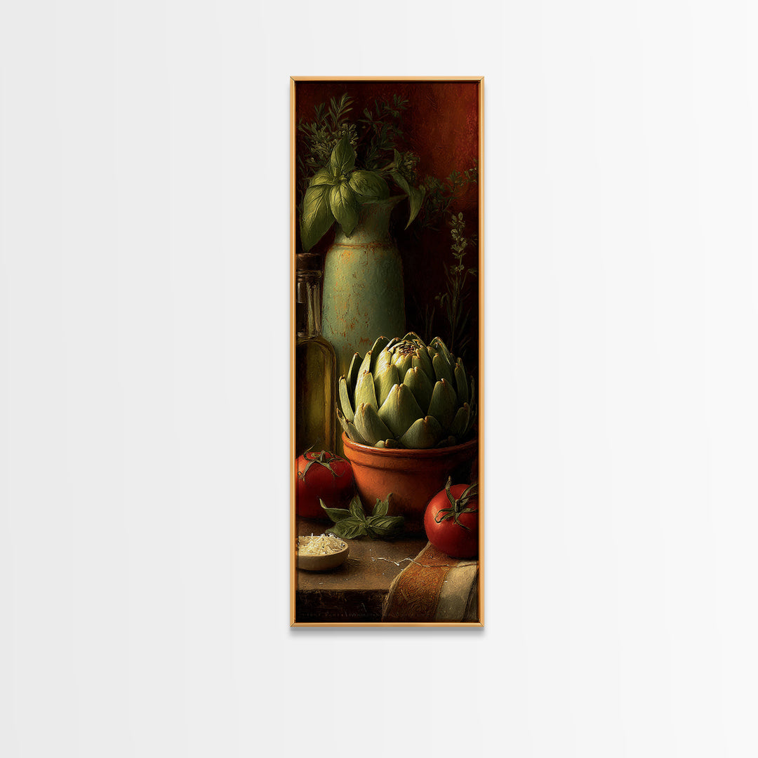 Artichoke Closeup in Painterly Green Tones Framed Canvas Print, Kitchen Art, Digital Print, Kitchen Decor, Fine Art, Kitchen, KIT-1x3-80