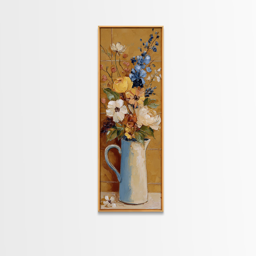 Floral Bouquet in a Kitchen Pitcher Framed Canvas Print, Kitchen Art, Printable Wall Art, Kitchen Decor, Oil Painting, Kitchen, KIT-1x3-84