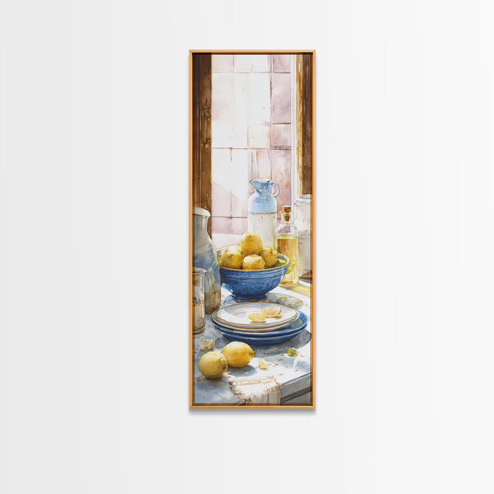 Lemons and Blue Ceramic Bowl Still Life Canvas Print, Kitchen Art, Luxury Decor, Kitchen Decor, Fine Art, Kitchen, Art Prints, KIT-1x3-86