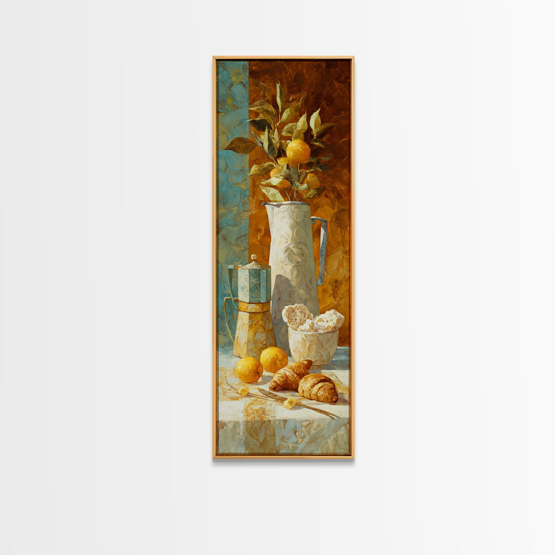 Coffee Pot and Croissant Morning Still Life Framed Canvas Print, Kitchen Art, Dining Room Wall Art, Kitchen Decor, Oil Painting, KIT-1x3-91