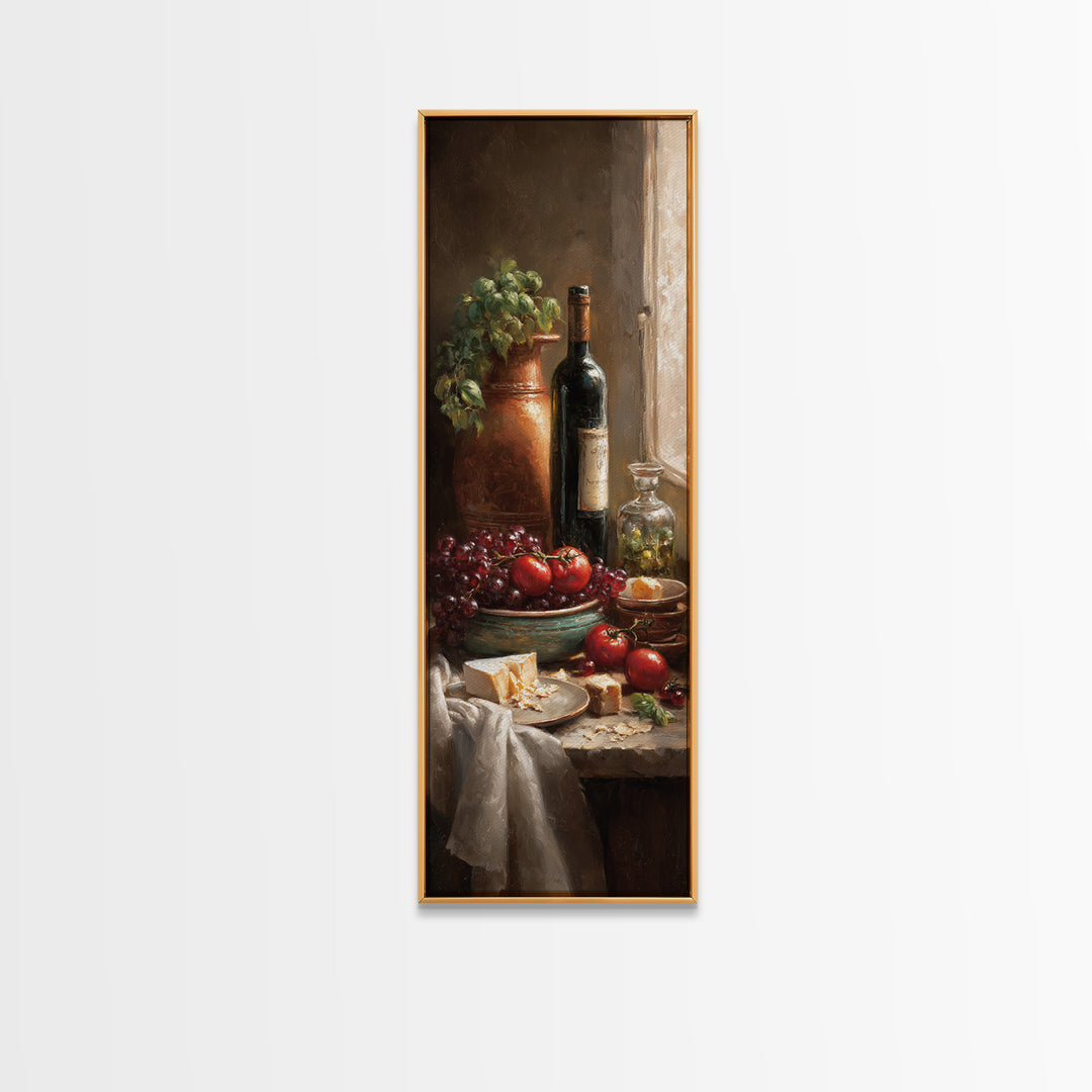 Wine Bottle Grapes and Cheese Still Life Framed Canvas Print, Kitchen Art, Kitchen Wall Decor, Kitchen Decor, Abstract Art, KIT-1x3-96