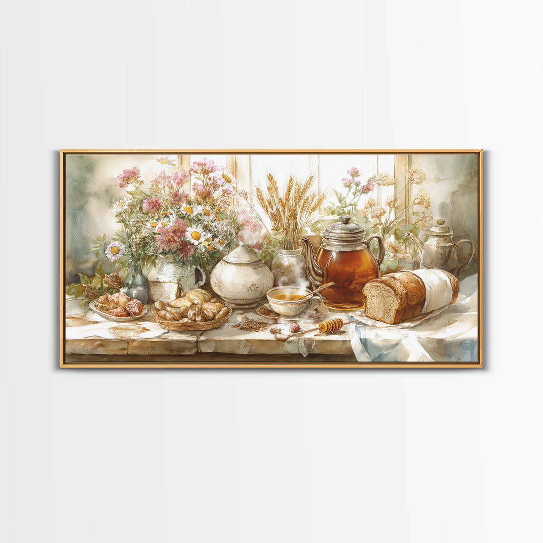 Tea Kettle with Steam and Wildflowers Framed Canvas Print, Kitchen Art, Art Print, Kitchen Decor, Watercolor Art, Kitchen, KIT-2x1-10