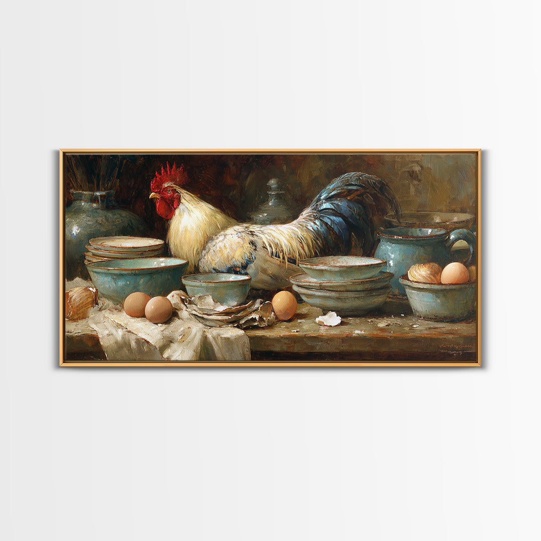 Rooster Portrait for Country Kitchen Charm Framed Canvas Print, Kitchen Art, Art Print, Kitchen Decor, Oil Painting, Kitchen, KIT-2x1-12