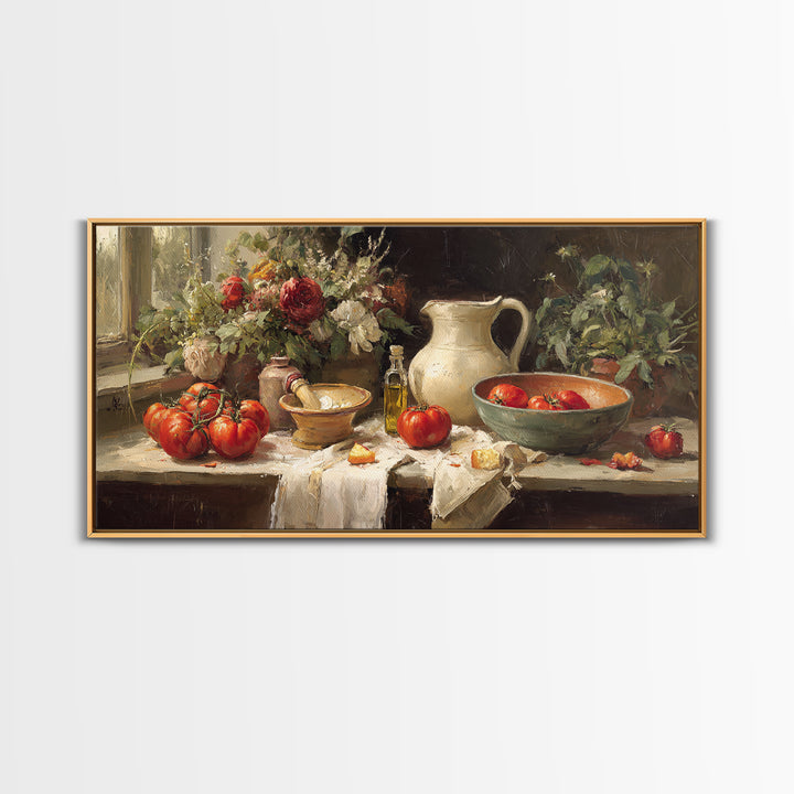 Floral Bouquet in a Kitchen Pitcher Framed Canvas Print, Kitchen Art, Statement Artwork, Kitchen Decor, Fine Art, Kitchen, KIT-2x1-20